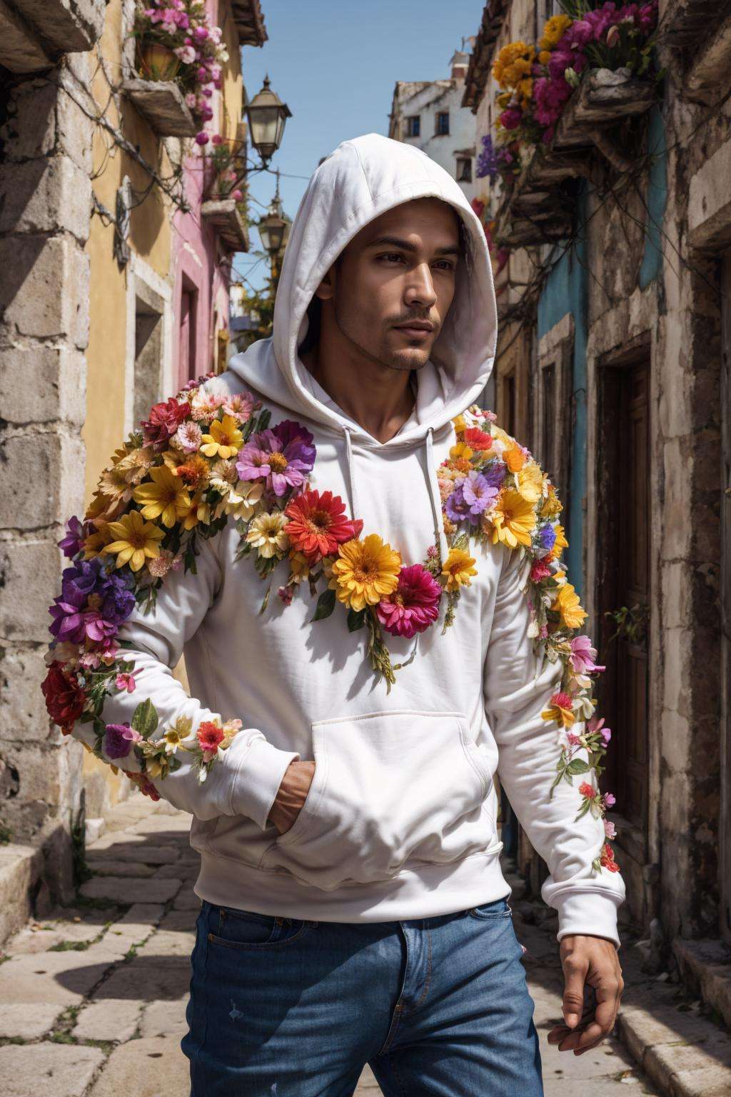 flower4rmor, photo of a Cuban man wearing flower hoodie, fantasy medieval city background, dynamic movement, street, jeans, realistic, masterpiece, intricate details, detailed background, depth of field,