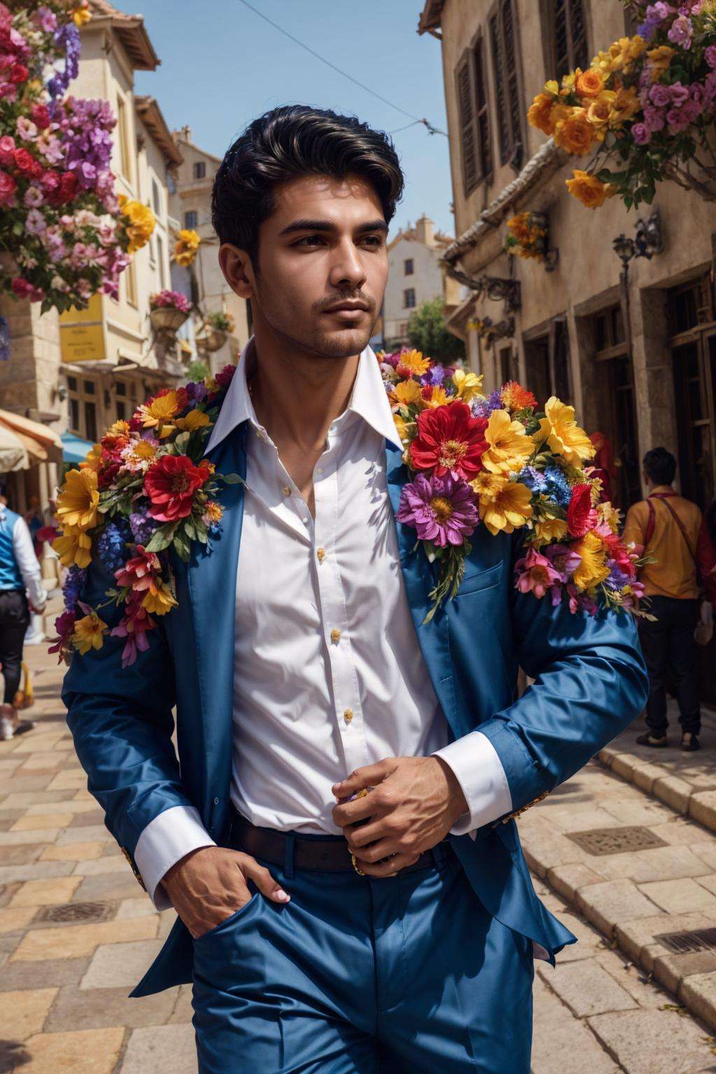 flower4rmor, photo of a Qatari man wearing flower collared shirt, fantasy medieval city background, dynamic movement, street, pants, realistic, masterpiece, intricate details, detailed background, depth of field,