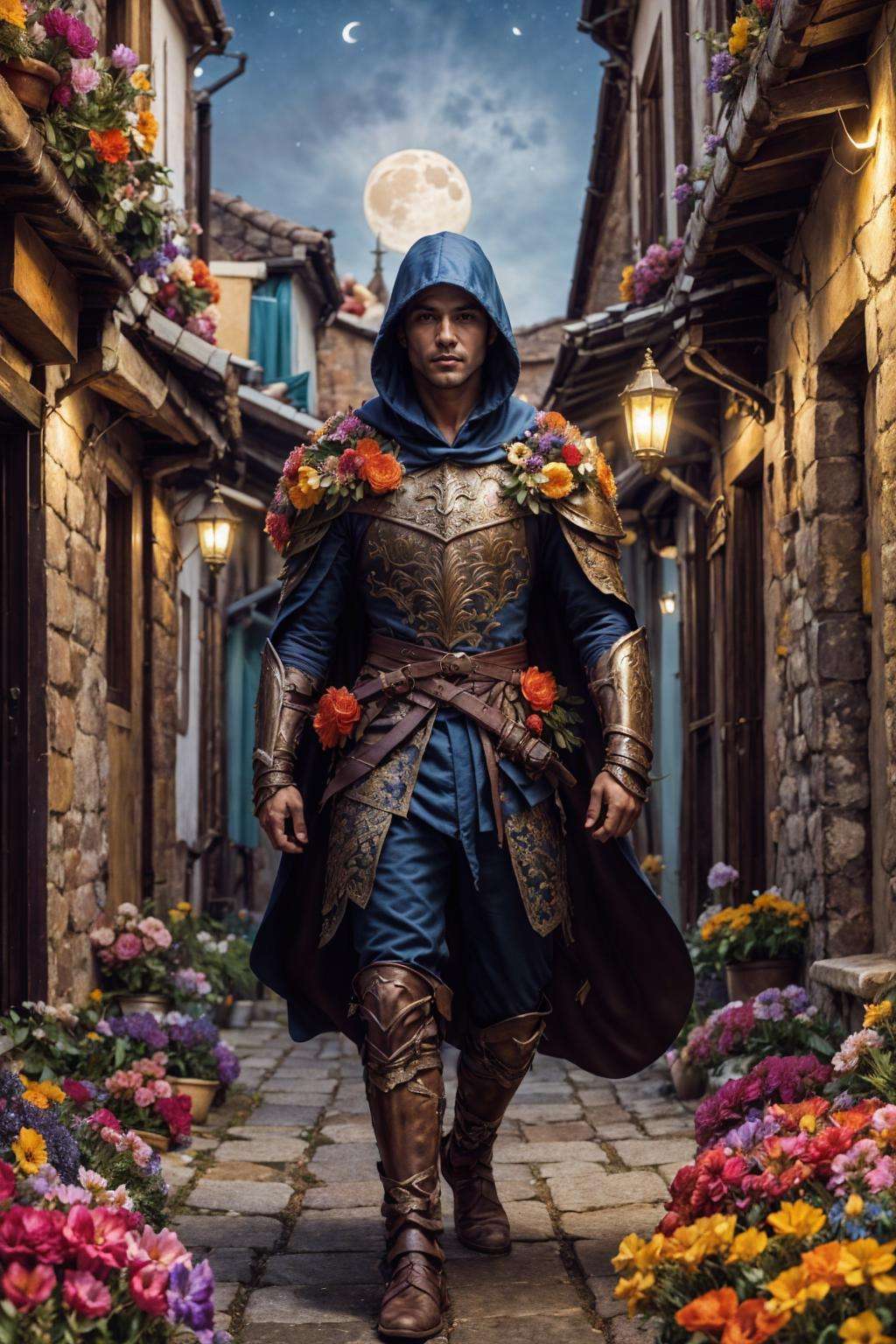 flower4rmor, photo of a Peruvian man wearing flower rogue armor, fantasy medieval city background, dynamic movement, holding flower daggers, cloak, hood, alley, (night), moon, realistic, masterpiece, intricate details, detailed background, depth of field,