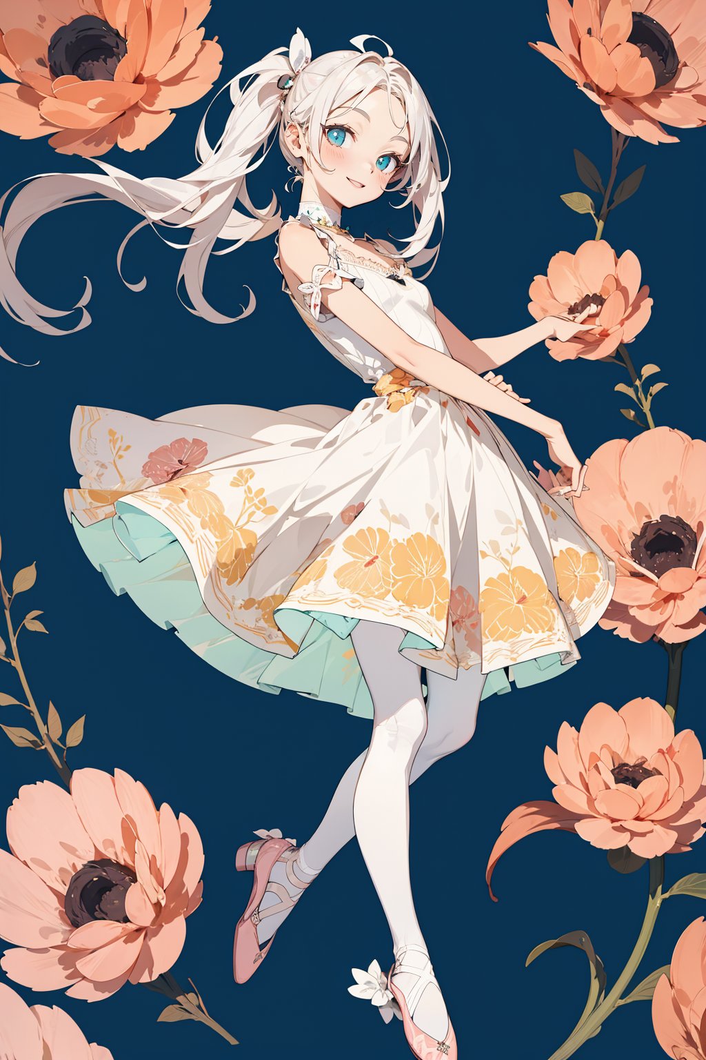 1girl, , (flat color:1.3), clear, vividBREAK, girly style, lace dresses, pastel colors, floral prints, high-waisted skirts, ballet flats, delicate accessories