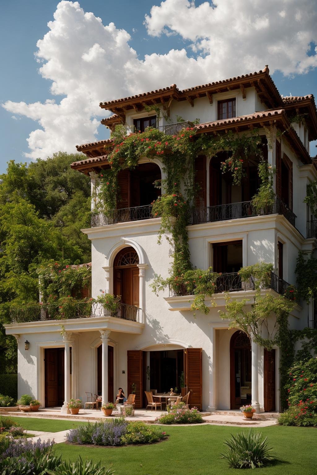 A luxurious and intricately detailed three-story neo-classical villa exterior scene, showcasing opulence. The art form chosen for this depiction is photography, captured with a 50mm lens. The esteemed photographer Ansel Adams serves as the source of inspiration. The villa stands amidst lush gardens, its ornate architecture emphasized by the play of shadows and sunlight. The color temperature is warm, enhancing the golden accents of the villa's design. The atmosphere exudes elegance, while the subjects exhibit serene expressions. Soft, natural lighting envelops the scene, creating a timeless ambiance