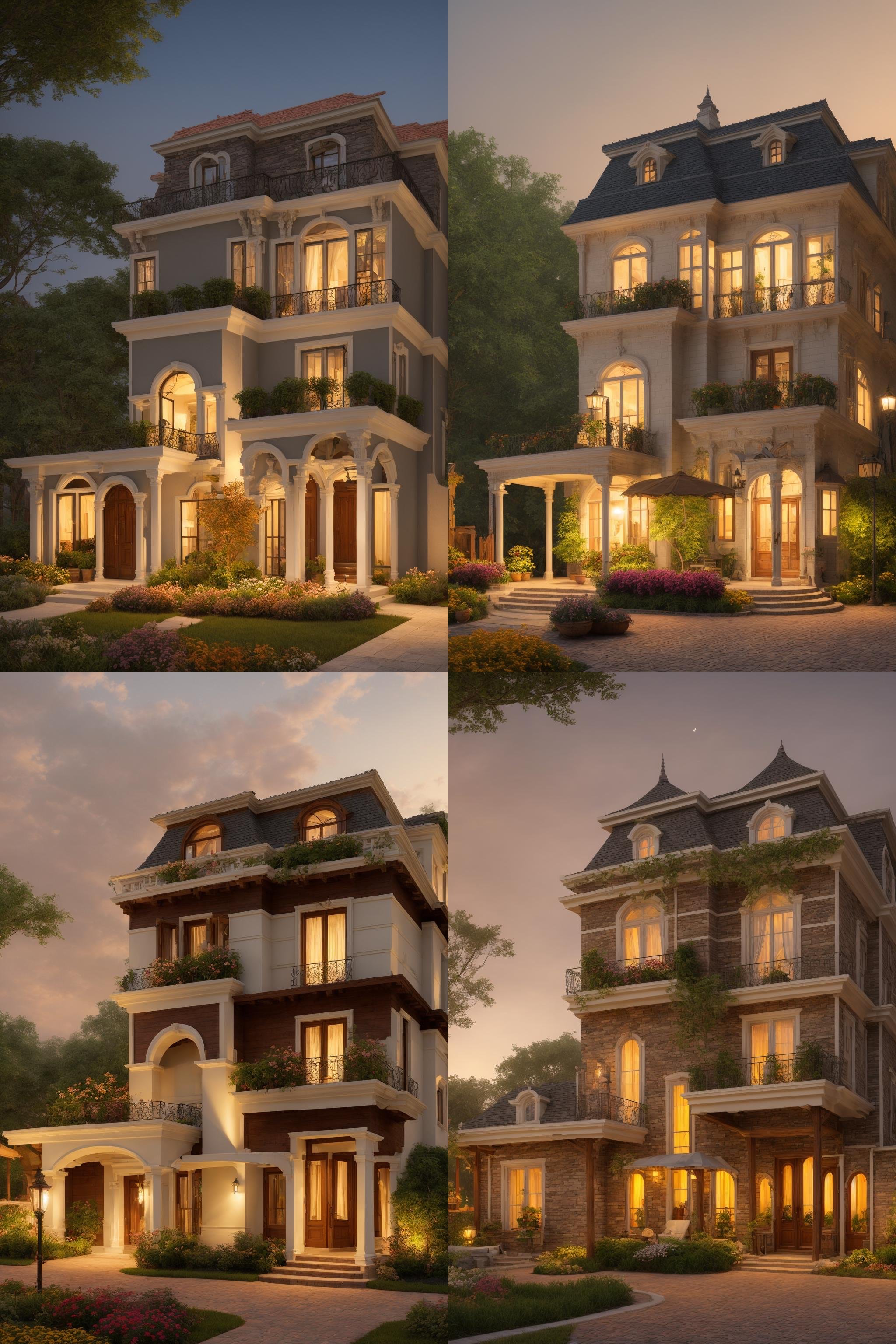 Evoking the essence of a meticulously crafted three-story classical mansion exterior in a digital illustration format. This work draws inspiration from the renowned artist Thomas Kinkade. The mansion is surrounded by a picturesque landscape, each detail carefully rendered, harmonizing nature and architectural grandeur. A balanced color temperature enriches the scene with a golden glow. The characters' faces bear content expressions, mirroring the tranquil ambiance. Illuminated by warm light, the scene imparts a dreamlike quality and a sense of serenity