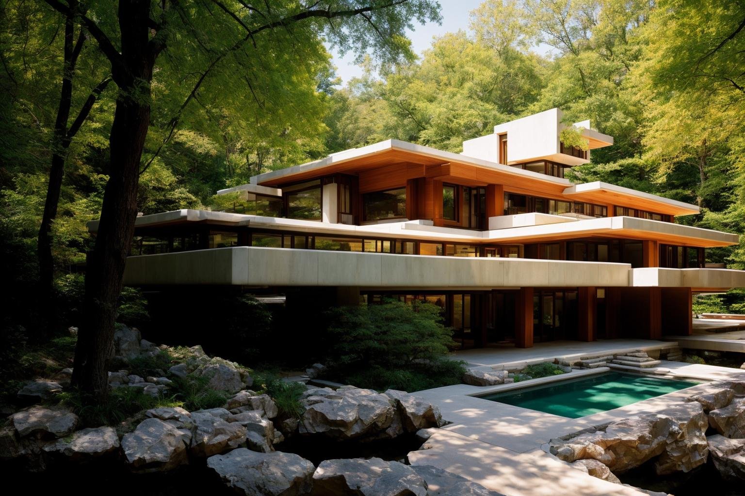 Dive into the world of Photography that captures the essence of Frank Lloyd Wright's modern "Frank Lloyd Wright's modern style villa" with a focus on the architectural marvel of Fallingwater. Through a 35mm lens, witness the structure in intense clarity and sharpness. The image has a warm color temperature that highlights the building's iconic cascading forms. No facial expressions are present as the image focuses solely on architecture. The lighting is natural, with the sun casting soft shadows on the structure, giving depth and texture. The atmosphere feels serene and untouched by time