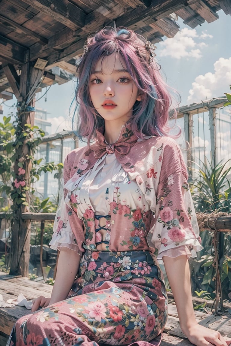 1girl, bluehair, pink hair