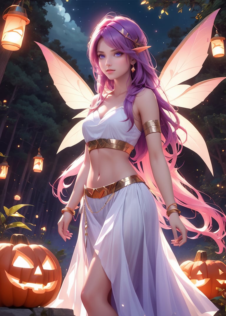 1girl, armlet, bare shoulders, blue eyes, bracelet, breasts, crop top, earrings, fairy, fairy wings, forest, greek, jack-o'-lantern, jewelry, lantern, lips, long hair, long skirt, looking at viewer, medium breasts, midriff, nature, navel, night, outdoors, peplos, pink hair, purple hair, skirt, solo, standing, tree, white skirt, wings