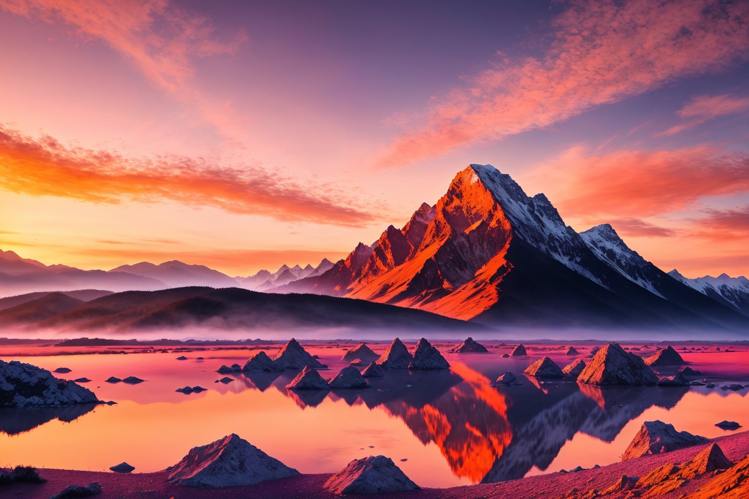 A towering mountain range made entirely of crystal, shimmering under the light of a setting sun that paints the sky in hues of pink and orange