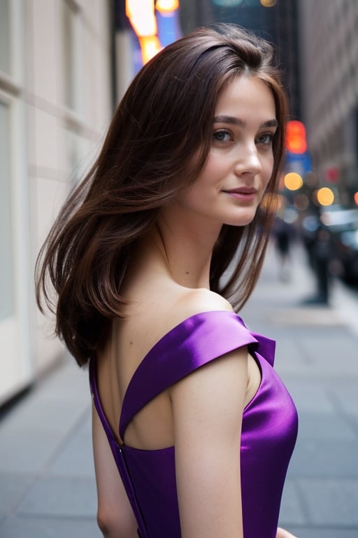 wo_anvlaso01, head and shoulder shot, wearing a purple dress, in the streets of new york, sexy, detailed skin, 20 megapixel, canon eos r3, detailed skin, detailed, detailed face, 