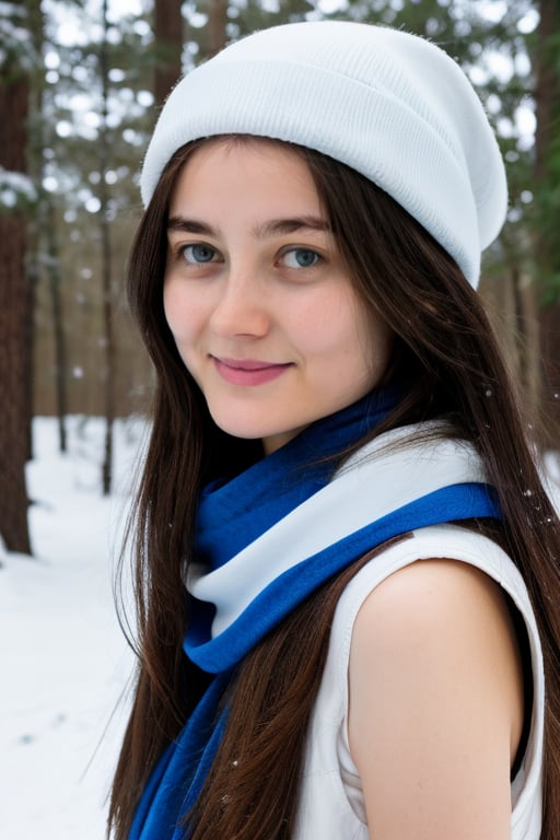 head and shoulder shot, a portrait of a beauty wo_anvlaso01, her eyes are blue, black sleeveless dress with a scarf, her hair is long and brown, detailed skin, happy with a smile, (high detailed:1.2), at the woods in the snow, 8k, uhd, dslr, soft lighting, high quality, film grain, Fujifilm XT3