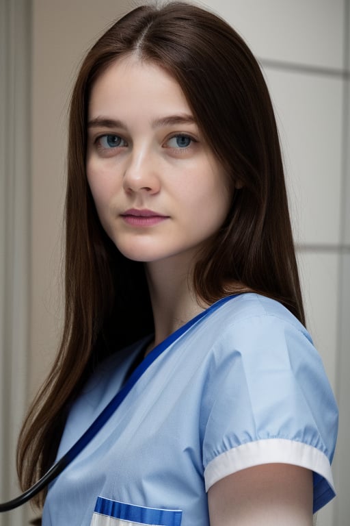masterpiece, high quality, highres, photorealistic, raw, extremely detail, extremely detail face, half shot, wo_anvlaso01, blue eyes, solo, seductive face, long and brown hair, pale skin, (nurse outfit:1.2), hospital hallway background