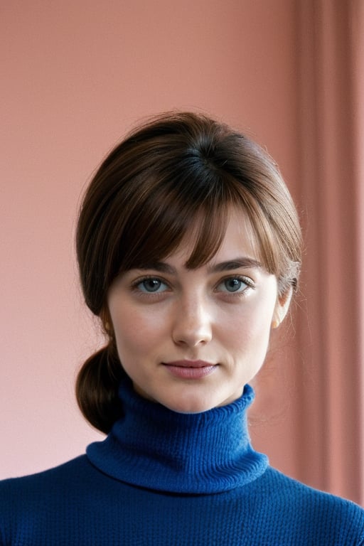 Early 80s poloraid color photo, photo of wo_anvlaso01, her hair is tied and brown, blue eyes, wearing a slevless turtleneck sweater, sharp focus, natural lighting, subsurface scattering, f2, 35mm, film grain, 