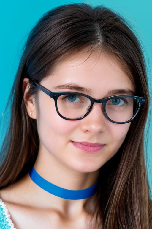 glasses, Sharp Focus, wo_anvlaso01,frontal, her expression is happy with a slight smile, brown hair,  blue eyes, (close-up:0.8),  low key lighting, shot on Lumix GH5, cinematic bokeh, lace choker, (simple background:1.2), teasing, detailed skin