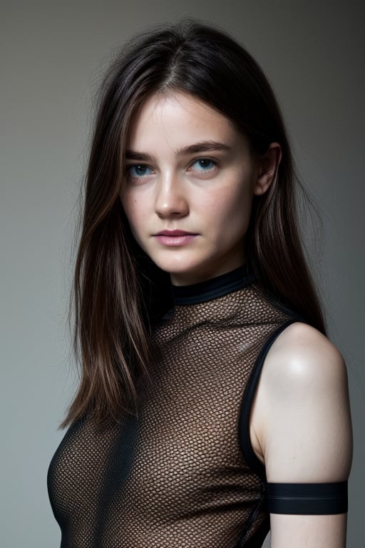 masterpiece, high quality, highres, photorealistic, raw, extremely detail, extremely detail face, half shot, wo_anvlaso01, pale skin and blue eyes, solo, seductive face, tied hair, (wearing a mesh black dress:1.2)