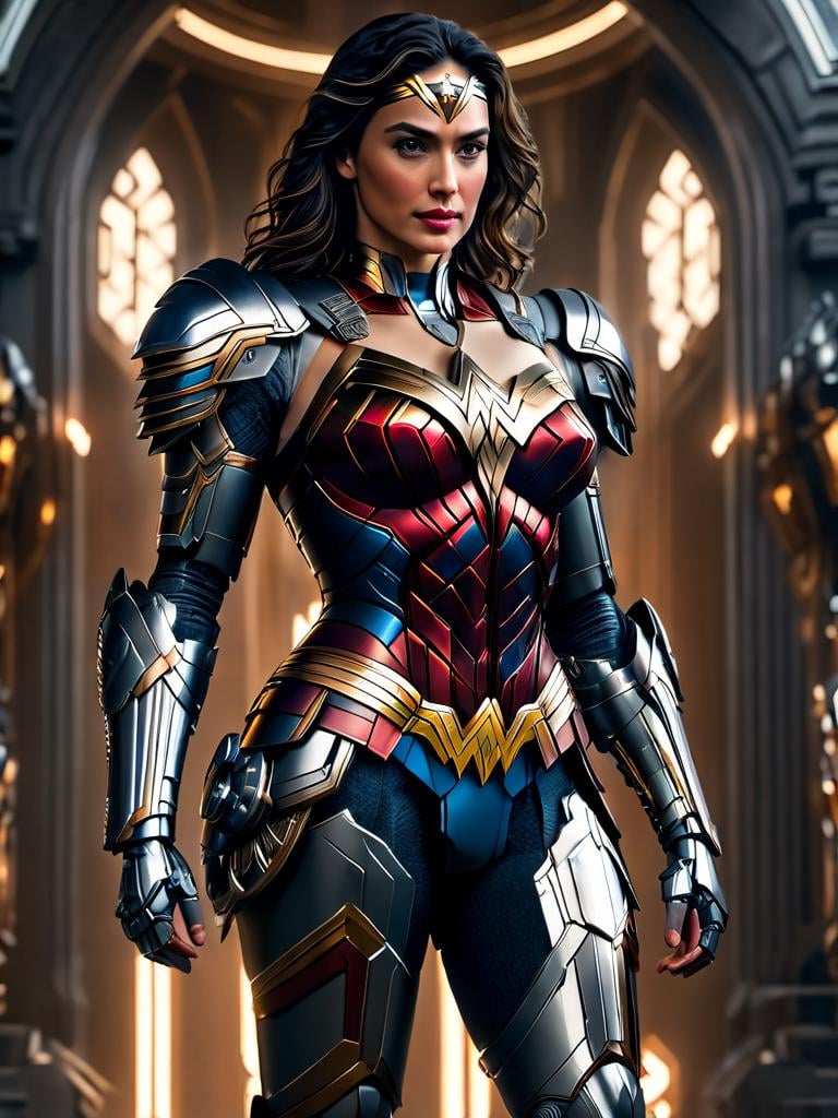 (masterpiece, best quality:1.3),extremely high detailed, intricate, 8k, HDR, wallpaper, cinematic lighting, (universe:1.4), glowing eyes, wonder woman, solo, mecha armor, shoulder armor, pauldrons, upper body, proudly standing, hall of heroes, <lora:cyborg_style_xl-alpha:0.7> ,<lora:wowifierXL:0.5>, hall of heroes background