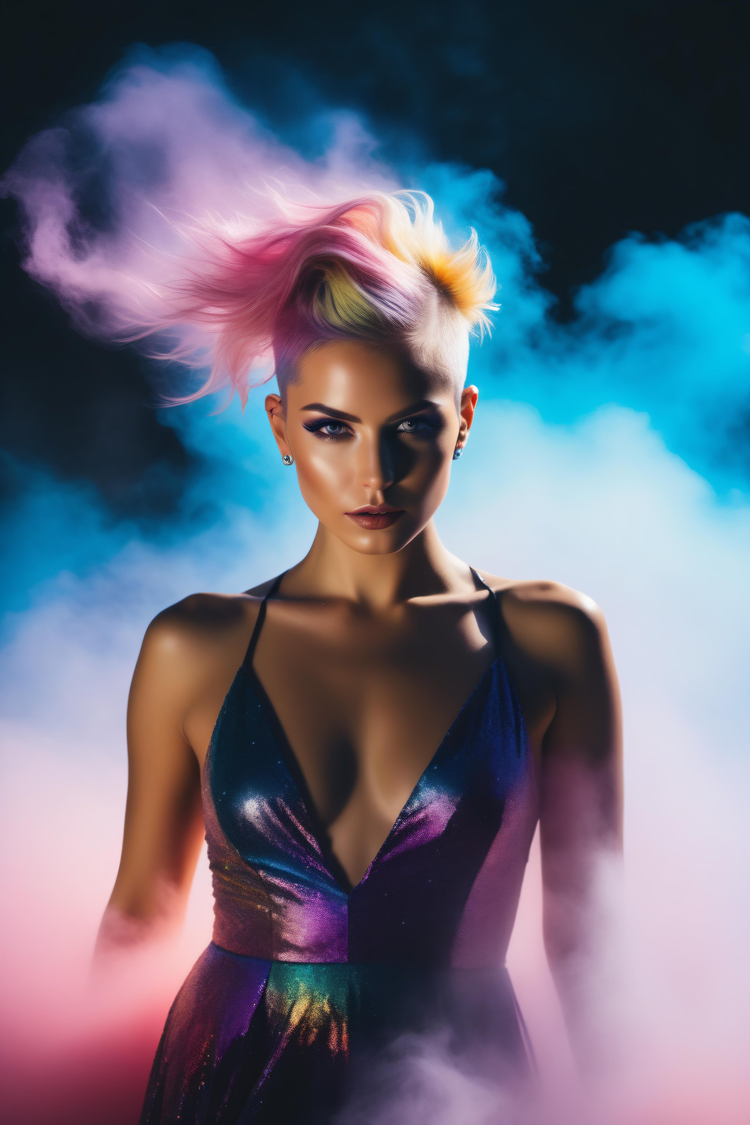 (nsfw:1.2), caucasian girl with short blonde undercut hair with pink strains dissolving into colorful fog, dancing sensually, fantasy style, wearing a glitter rainbow dress, her body is fading into colorful fog, jewlery, nose piercing, necklace, screen full of fog, open eyes, outside, sunset, nature background, studio lighting, evening, wet skin, glossy make-up, glossy skin, looking at viewer, age:20, sunlight from the back flows through the fog, god rays, petite, flat chest, photorealistic, Fujifilm XT3, foggy, evening, light bloom, Tristan Eaton, victo ngai, artgerm, RHADS, ross draws, masterpiece, best quality, photograph, dreamlike, face focus, intricate details, sharp focus, photography, photorealism, photorealistic, soft focus, volumetric light, (intricate details), (hyperdetailed), high detailed, lot of details, high quality, soft cinematic light, dramatic atmosphere, atmospheric perspective, raytracing, subsurface scattering, (highly detailed skin:1.3), (skin details:1.3), (RAW photo:1.2), (photorealistic:1.4), (masterpiece:1.4), (best quality:1.4), (detailed facial features), (best illustration), (beautifully detailed eyes), (super detailed), (wallpaper), (detailed face), more colorful fog, foggy, colorful fog infront of subject