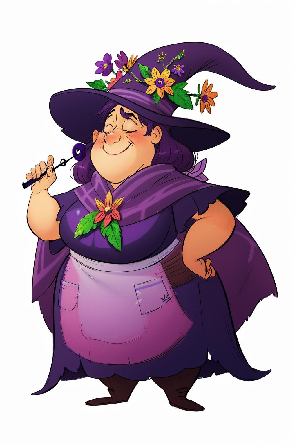 European and American cartoon characters, original character design, hand-drawn drafts, solo, wand, hat, flower, smile, 1girl, witch hat, holding wand, white background, closed eyes, holding, simple background, cape, blush, fat, hand on hip, purple headwear, full body, plump, standing, apron, dress, purple cape, hat flower, witch<lora:Cartoon characters:1>