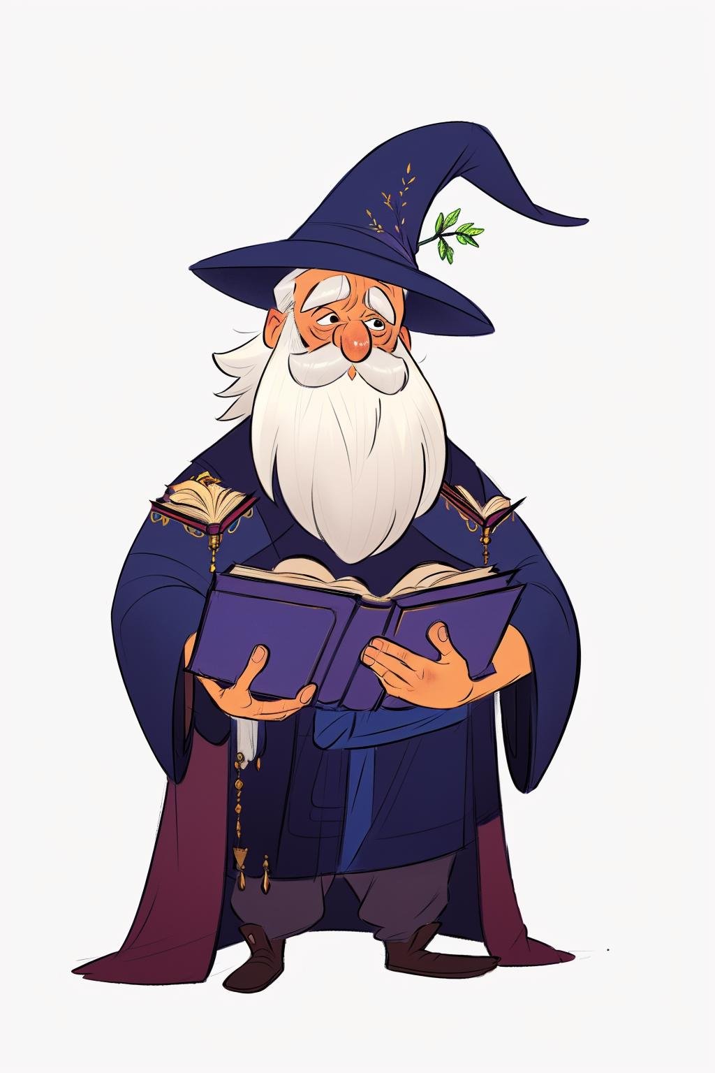 European and American cartoon characters, original character design, hand-drawn drafts, 1boy, solo, male focus, book, hat, facial hair, arm behind back, simple background, holding book, white background, mustache, holding, beard, white hair, full body, standing, wizard, robe, open book, old, wizard hat, old man<lora:Cartoon characters:1>