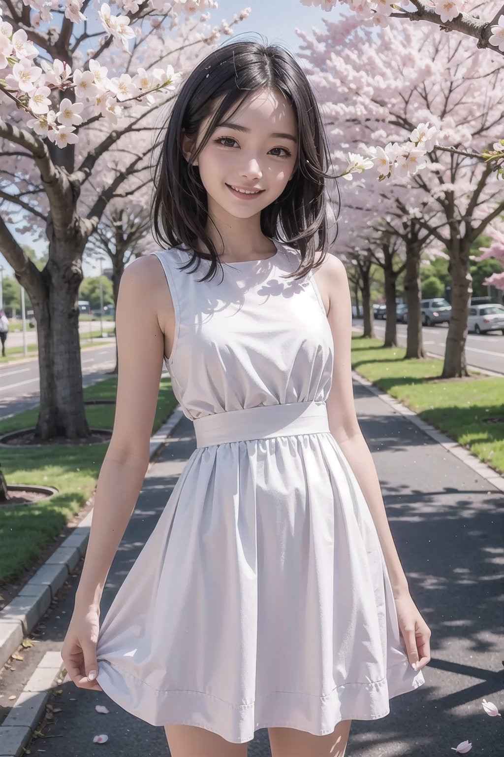 (masterpiece), nature, blue sky, sunlight, light particles, cherry blossoms, 1girl, white dress, smile, medium hair, black hair