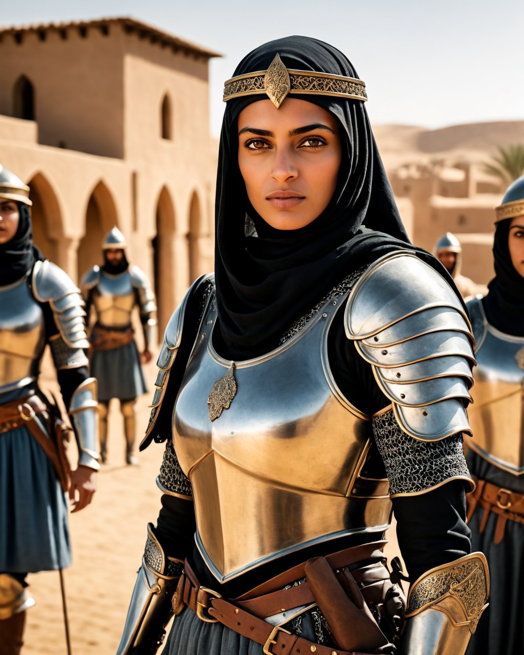 (Cinematic Photo:1.3) of (Ultrarealistic:1.3) <lora:ImgFixer:1.0>, female arab warriors, medieval heavy armour, realistic, film color, realistic photo, UHD,Highly Detailed