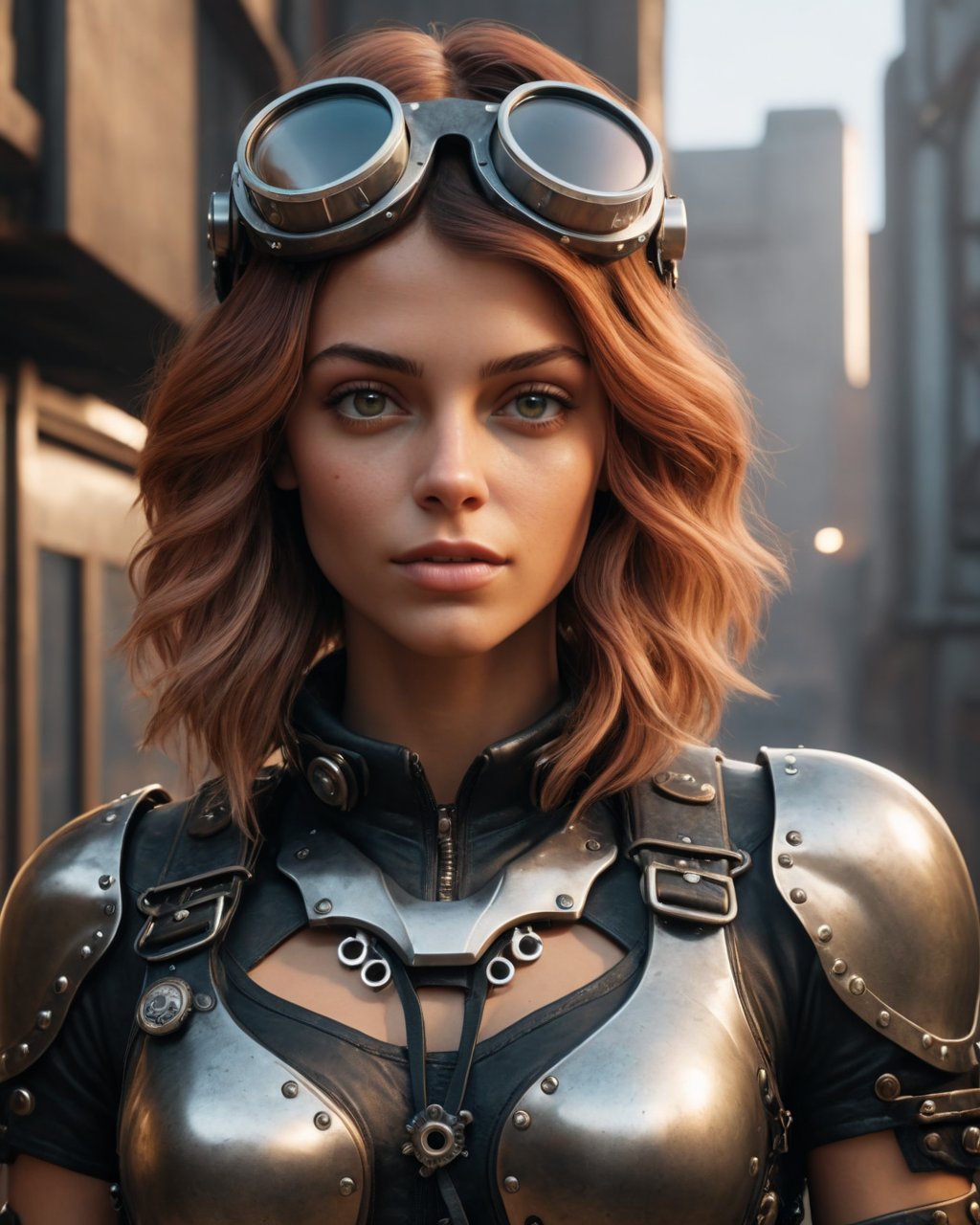 (Cinematic Photo:1.3) of (Ultrarealistic:1.3) <lora:ImgFixer:1.0>, Photo from the waist up of a beautiful woman in steelpunk style, in unreal engine 5 style, hyper - realistic details, cute and bubbly, cinematic,Highly Detailed