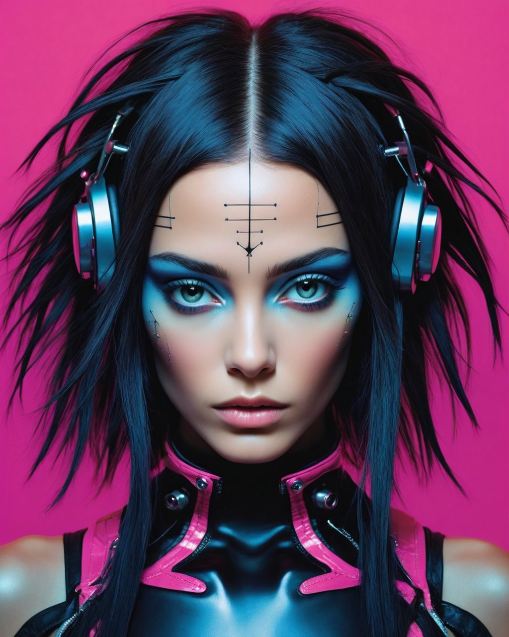 (Cinematic Photo:1.3) of (Ultrarealistic:1.3) <lora:ImgFixer:1.0>, Hot beauty girl face frontal symmetrical portrait Ethereal Minimalist Cybergoth Fashion Photography, meticulous design, haute couture, Cybernetic, gorgeous, attractive, cute, beautiful, open shoulder cute gauze V, hot, cyberpunk, daft punk, Bigger chest, Art By Yanjun Cheng, Junya Ishigami, Alberto Mielgo, Gerald Brom, Lisa Frank, Milo Manara, Art Photography by Jimmy Nelson and Wes Anderson, HD,Highly Detailed
