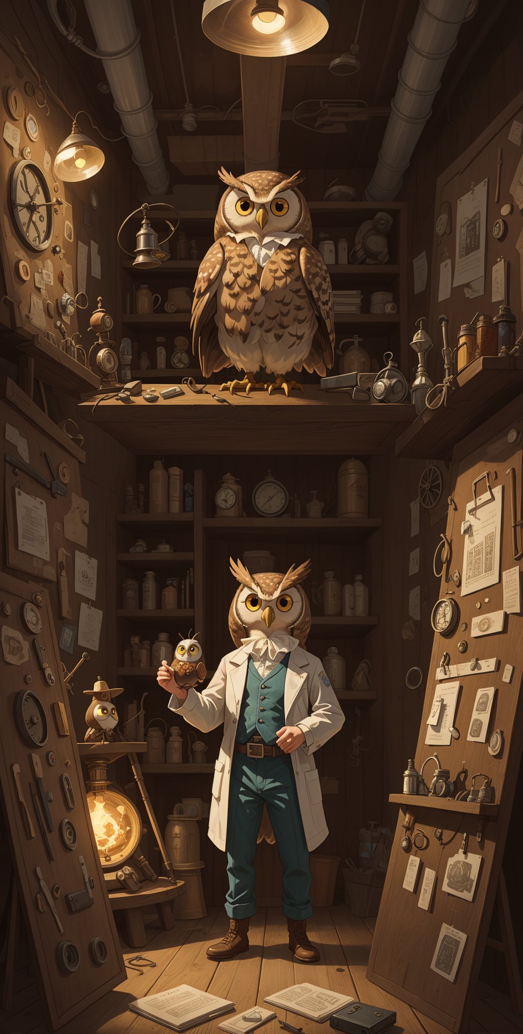 The inventor, a wise owl with glasses, is caught in a moment of genius. A steampunk-inspired inventor's workshop, filled with curious gadgets, mechanical marvels, and hidden wonders. Hyper-detailed, 4k, whimsical, nostalgic, innovative design, rich textures, engaging storytelling