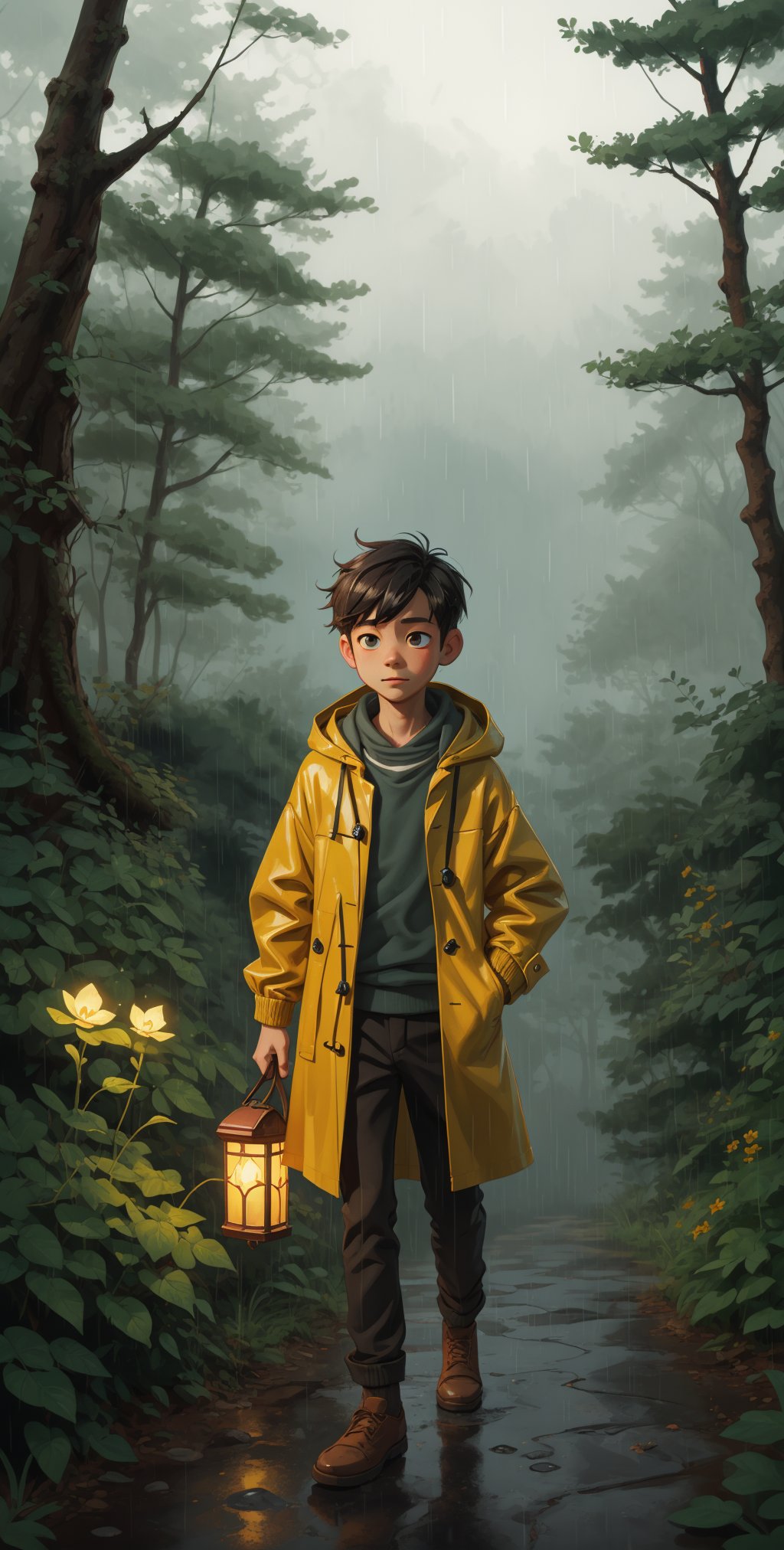masterpiece,best quality,forest,rain,1boy,yellow raincoat,glow magic,fantasy,,