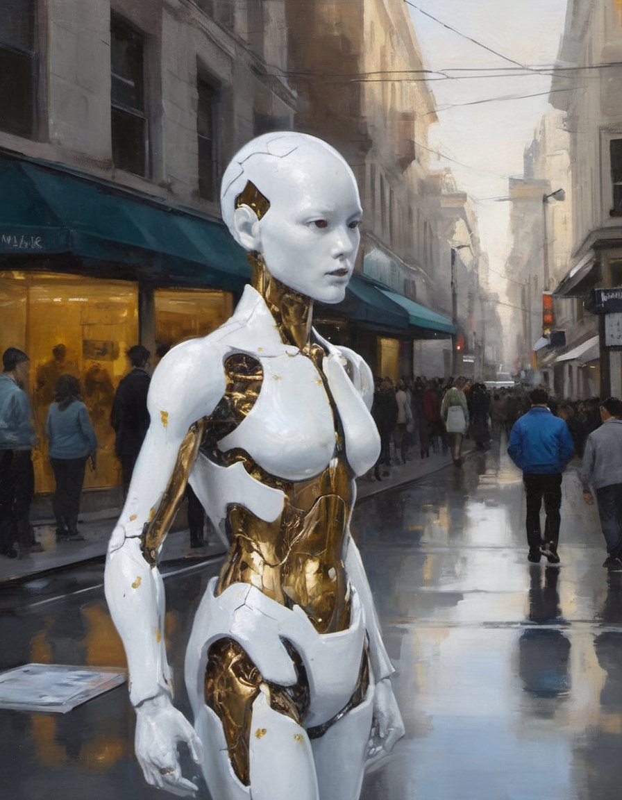 oil painting of an android made of reflective chrome and kintsugi cracked white porcelain beautiful lighting background busy street sidewalk bustling with humans