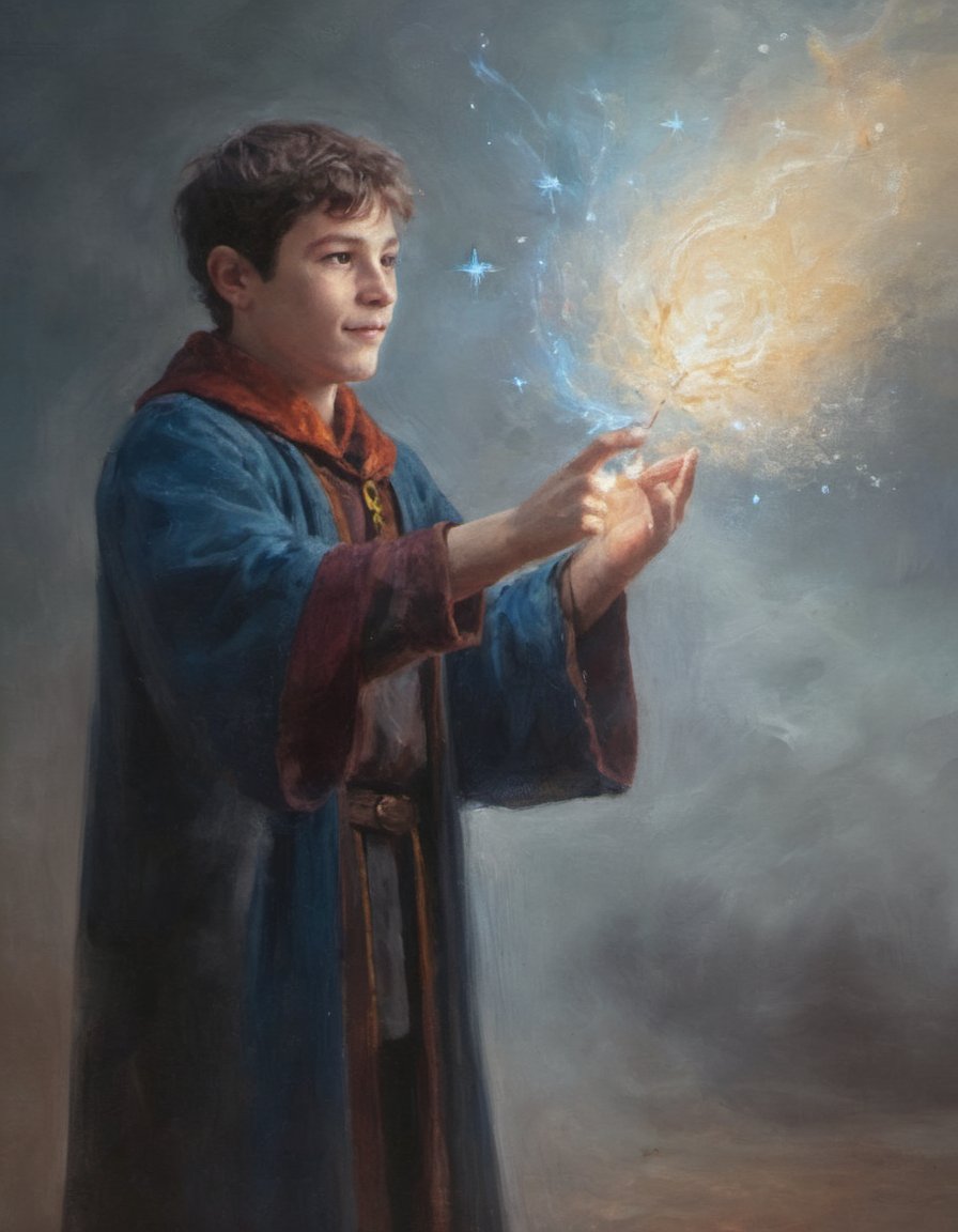 oil painting portrait of a young wizard casting magic glowing magic trails and light dust
