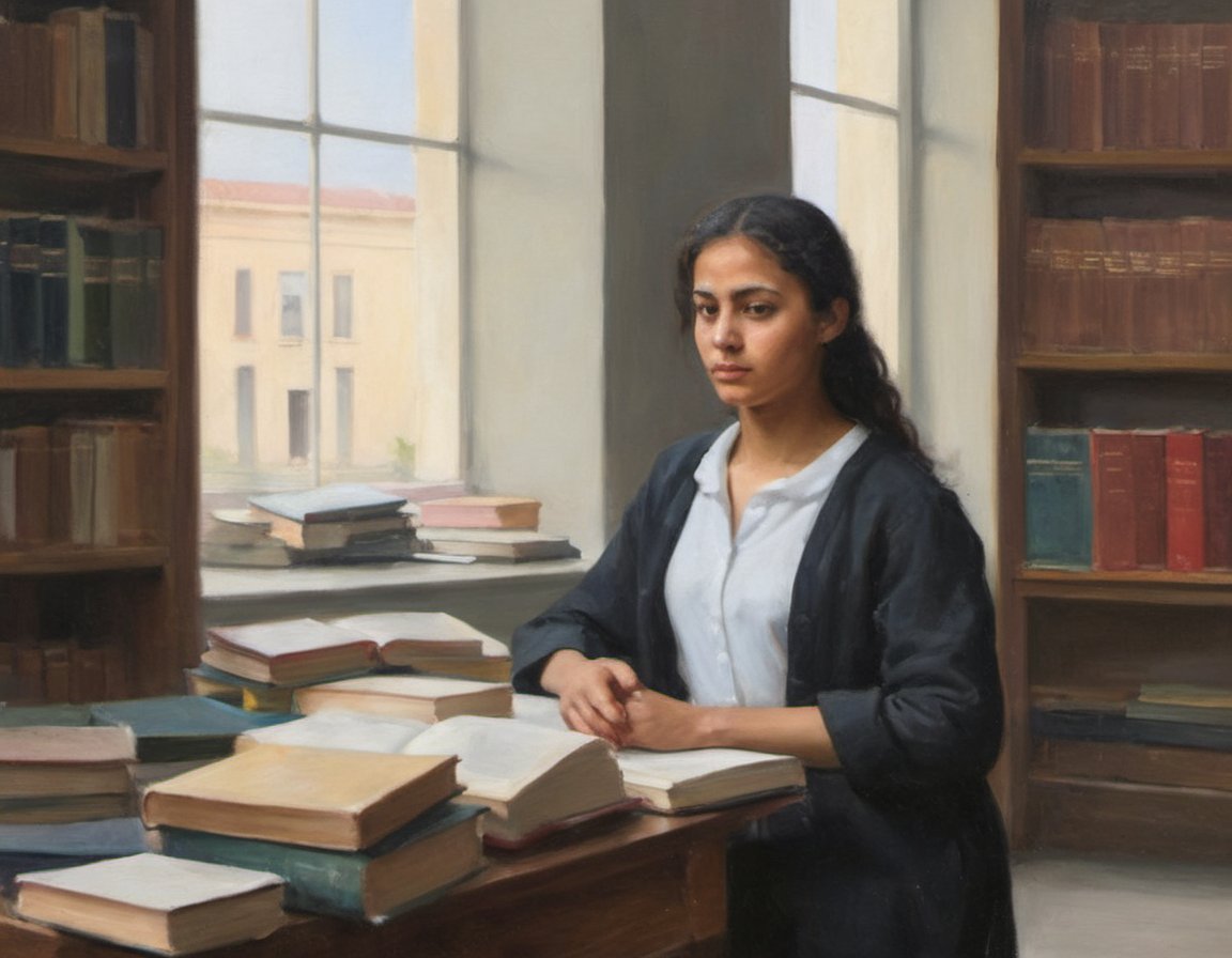 oil painting portrait of a studious young Tunisian woman in a library long rows of books and tables with general public library visitors tall bright windows