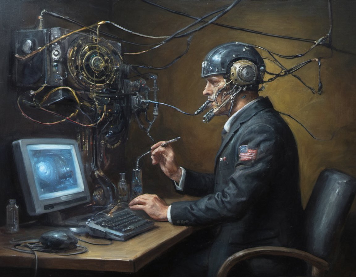 dark oil painting of a cybersteampunk man who interfaces with a retro-futuristic rube-goldberg manifestation of the internet with cables from a man's helmet to an elaborate machine macabre sinister sci-fi 