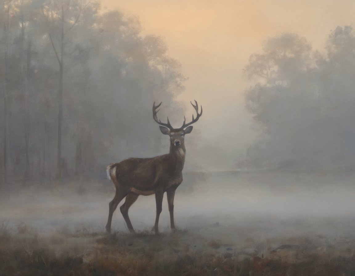 painting of a deer emerging from the mist in the early morning