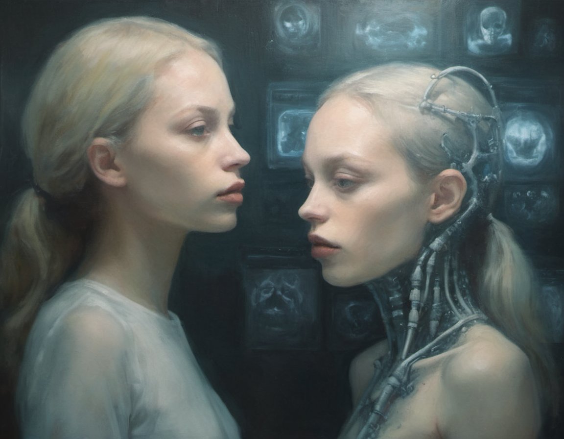 oil painting of intriguing conceptual scenerios xray film moody aesthetic by Anne Bachelier by petra collins by hr giger