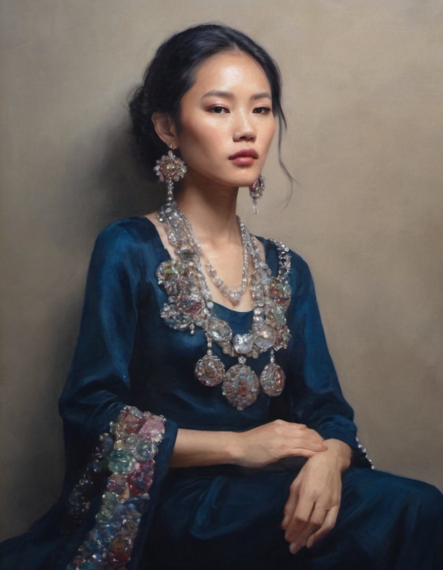 oil painting portrait  of an asian model in jewels sparkling graceful adorned with gemstones fashion photography style inspired by Annie Leibovitz