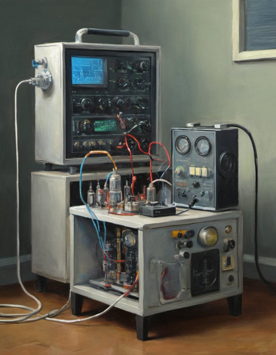 oil painting isometric diagram of a boxy flux capacitor with exposed vacuum tubes and an oscilloscope and digital display wiring electric glow