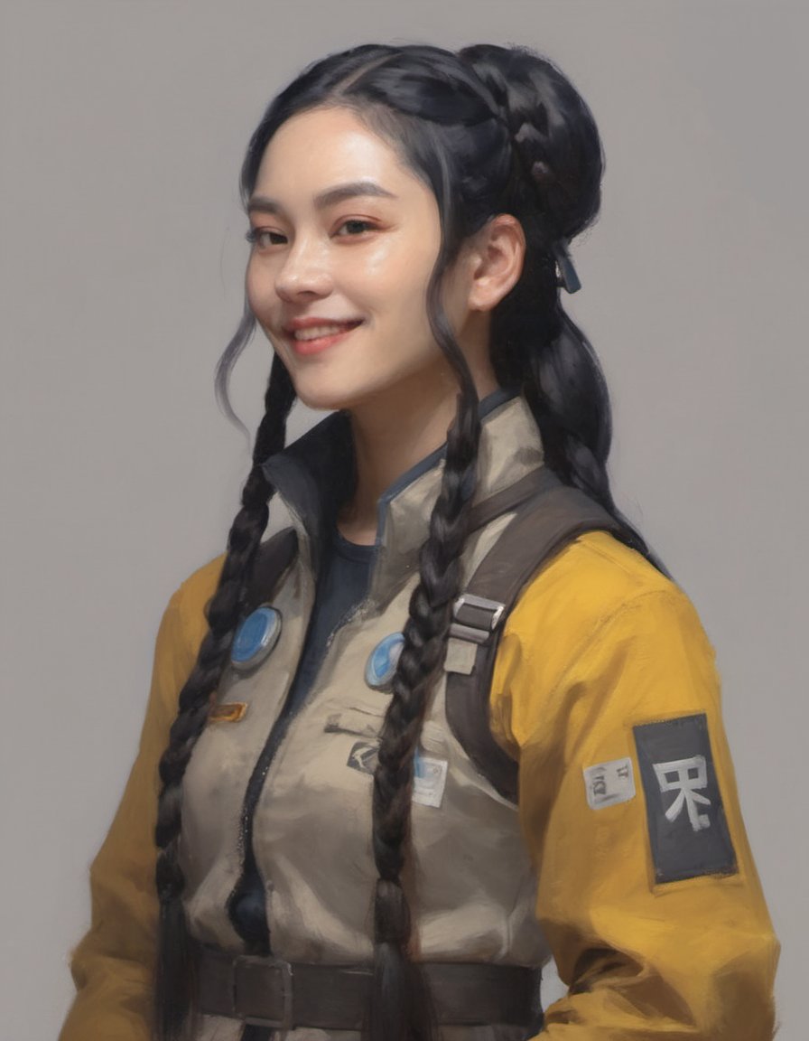 oil painting of a lovely woman with a charming smile and honey-colored eyes long black hair with braids overwatch design techwear look and clothes full uniform concept art by Hiroyuki Imaishi inspired by Kanō Hōgai