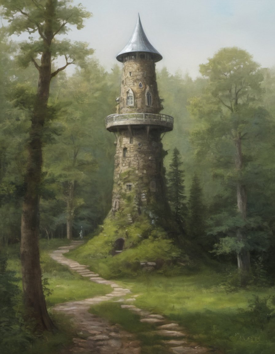 oil painting of a a wizard's tower in a clearing in the woods, a wizard tower that is topped with a glass and steel dome magical forest with silver and gold leaves detailed and intricate a winding stone path leads to the tower