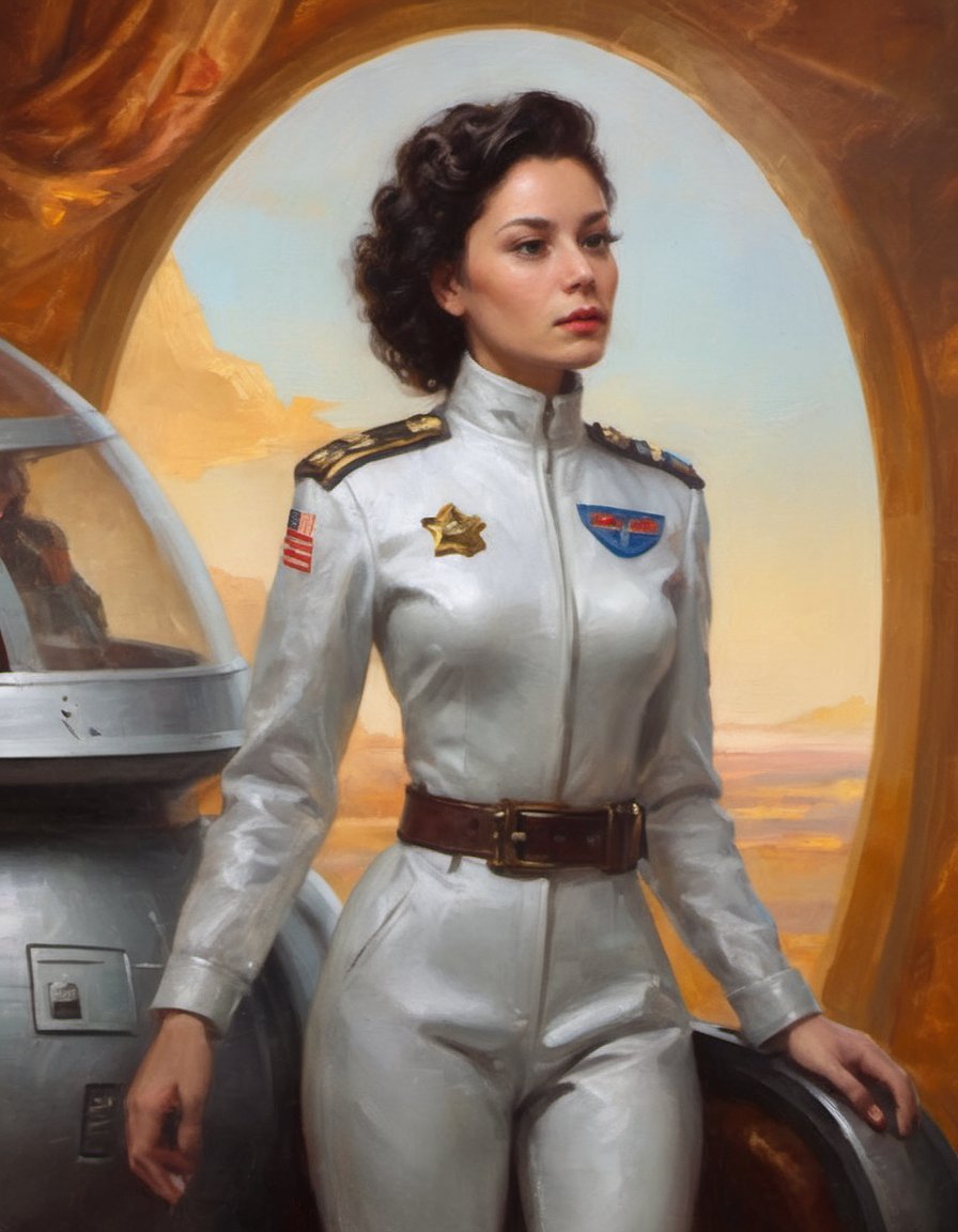 oil painting portrait female space ship captain baroque-style uniform retro-futurism sleek leather and chrome haughty and beautiful background launching pad for a shiny ornate fantastic rocket ship