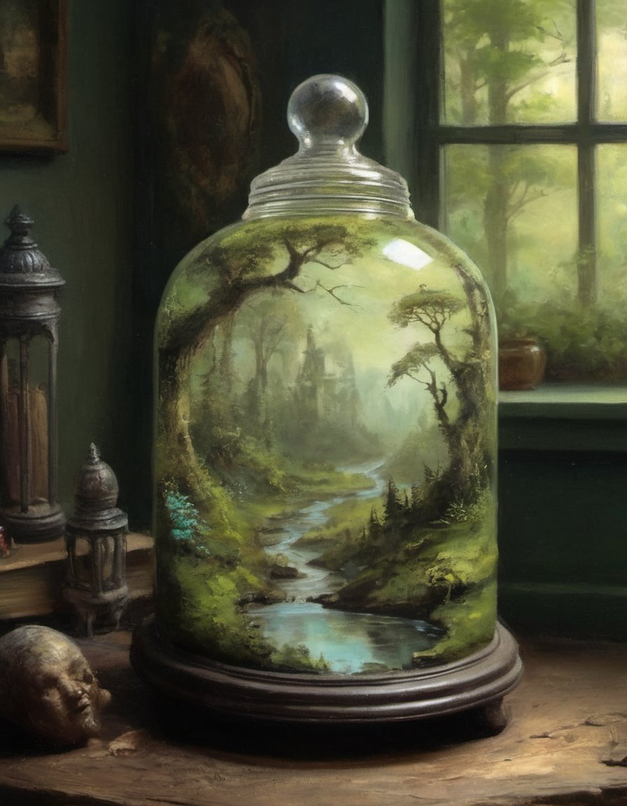 oil painting of a tiny fairy world with infinitesimal forest and glades and rivers under glass bell jar whole society of mini luminescent magical fairies in a jar beautifully detailed and richly complex interior rustic room background
