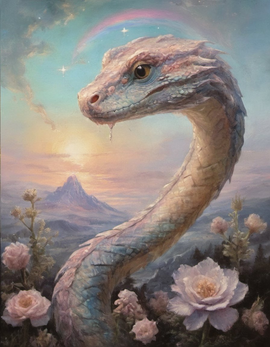 atmospheric oil painting of a hyper-real portrait of a hauntingly beautiful pale pastel rainbow scaled sky serpent with huge watery eyes sorrow flowers and crystalline structures photo-real pastel galaxy stars