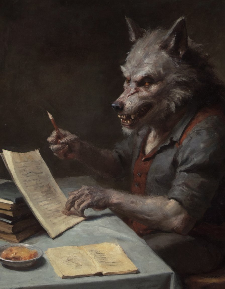 painting of a werewolf reading a script for a television role