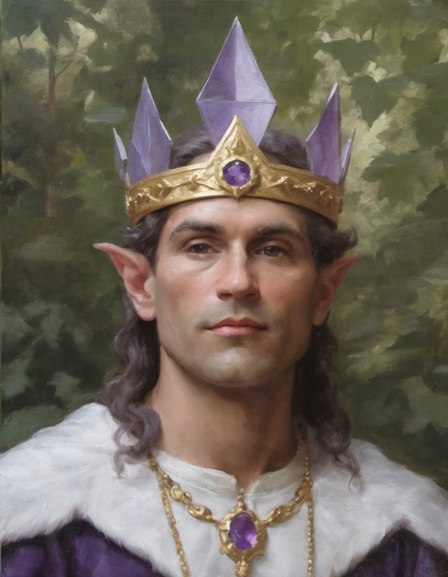 oil painting portrait of the elf king of a fantasy kingdom iron and gold crown with inset amethysts pointed elven ears