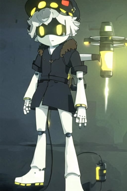 N (Murder Drones), 1boy, robot, cyber tail, syringe on tail, lights on head, fluffy jacket, pilot hat, murder drone, android, robot, robot joints, glowing eyes yellow eyes, white hair, white skin, perfect anatomy, solo