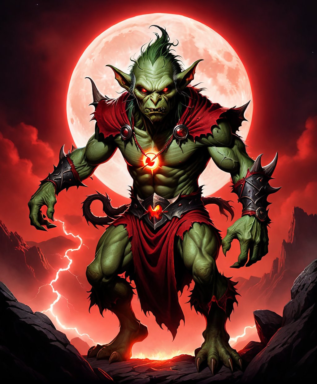 (Raw Photo:1.3) of (Ultra detailed:1.3) <lora:hfFEST:1.0>, (monster) legendary green-skinned goblin with red glowing eyes and red tattered robes in foreground, red moon with red lightning background scene, realistic dark fantasy art,Highly Detailed