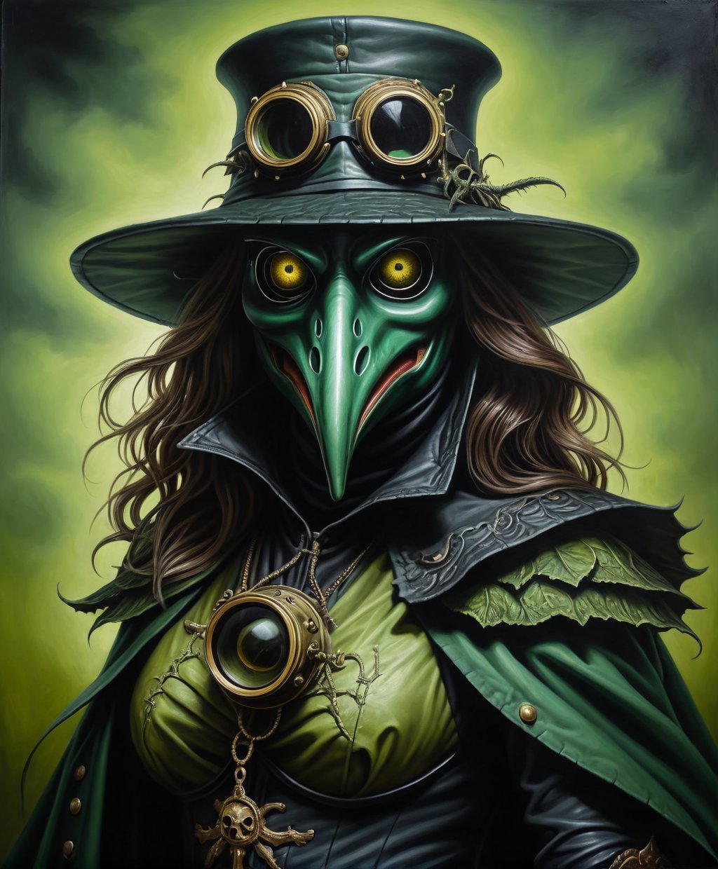 (Raw Photo:1.3) of (Ultra detailed:1.3) <lora:hfFEST:1.0>, (monster) pestilence as female goddess with a greenish plague doctor mask realistic dark oil painting, 8k, many details,Highly Detailed