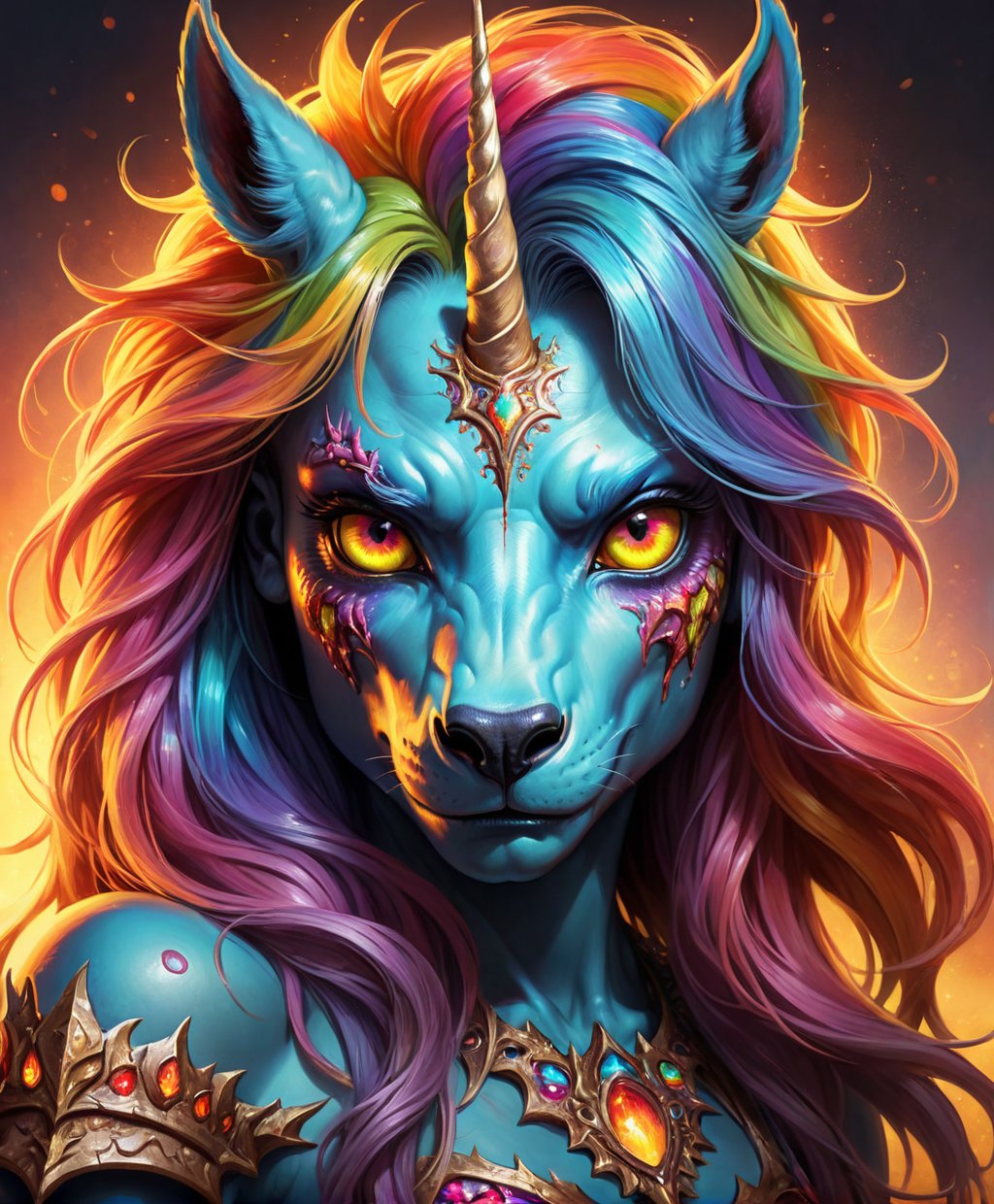 (Raw Photo:1.3) of (Ultra detailed:1.3) <lora:hfFEST:1.0>, (monster) Zombified rotting unicorn, rainbow colours, sparkling eyes, embers in her eyes, shining eyes, sharp features, flowing fiery mane, highly detailed, digital painting, artstation, concept art, smooth, sharp focus, beautiful mane, expressive eyes, illustration, art by Artgerm and greg rutkowski and alphonse mucha,Highly Detailed