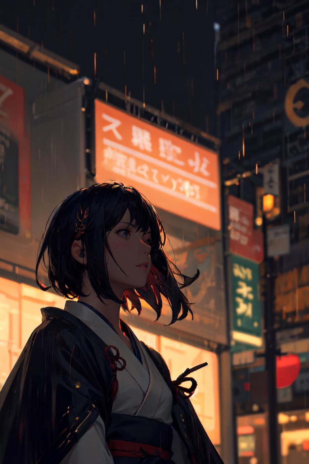 guweiz style, 1girl, solo, samurai, upper body, cityscape, night sky, blurry background, depth of field, bokeh, cinema lighting, dark theme, raining, film grain, rtx<lora:guweiz_style:1>