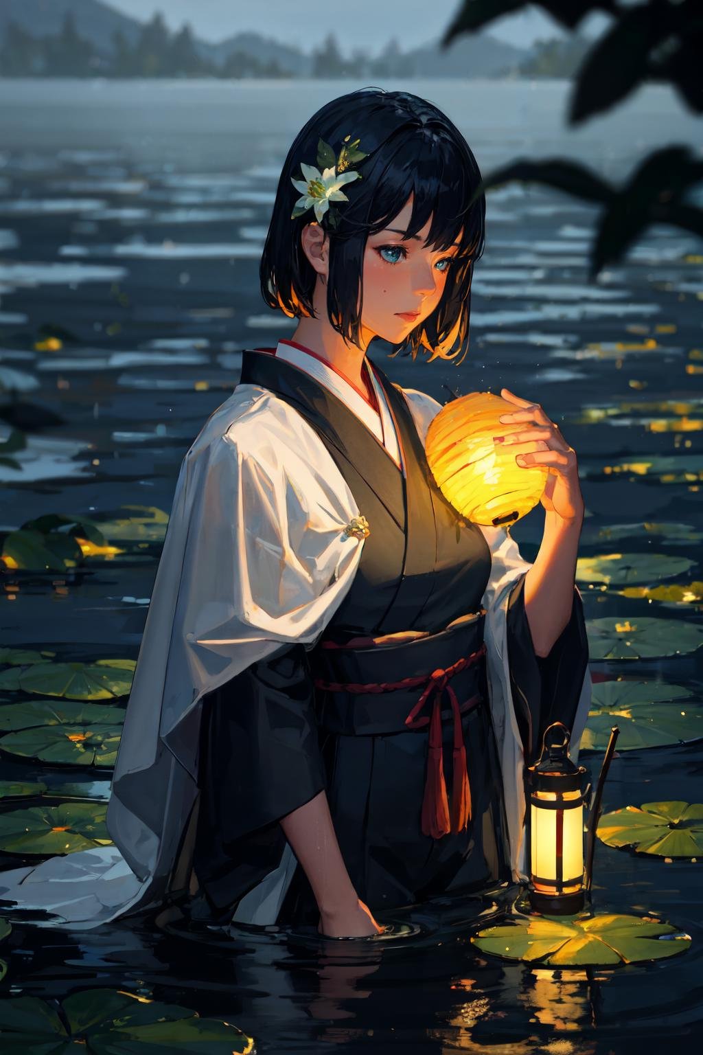 guweiz style, 1girl, solo, japanese clothes, upper body, lily pad, river, glowing lantern,water, lily \(flower\),  night sky, blurry background, depth of field, bokeh, cinema lighting, dark theme, raining, film grain, rtx<lora:guweiz_style:1>