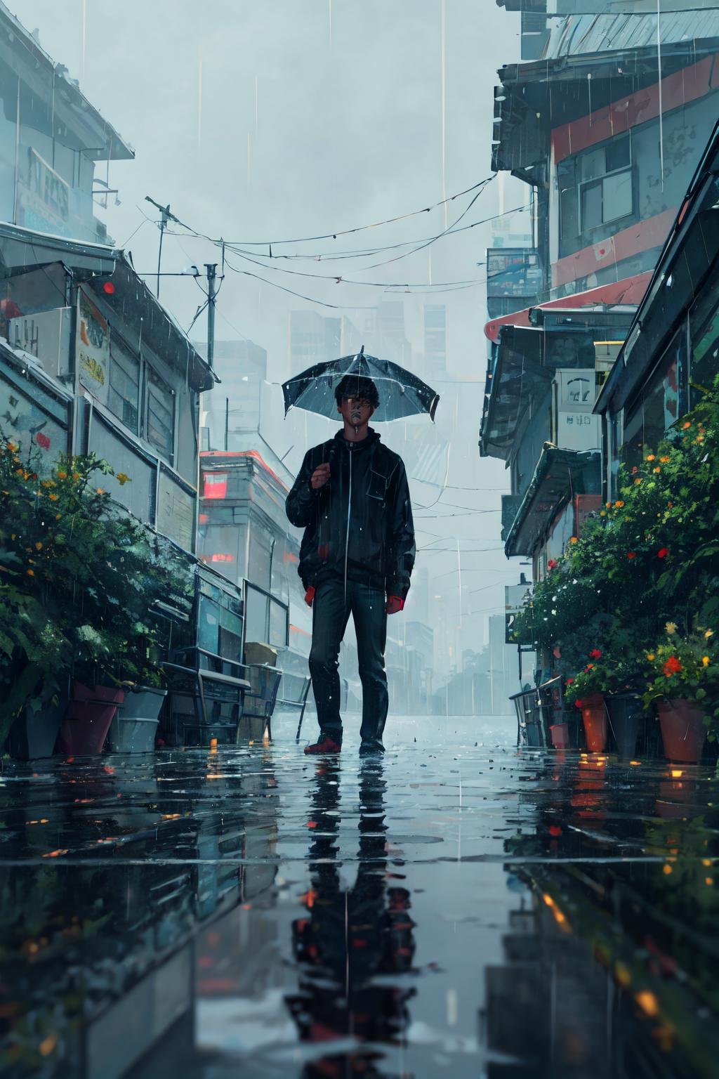 guweiz style, scenery, water, solo, 1boy, standing,rain , depth of field, zooming out, <lora:guweiz_style:1>