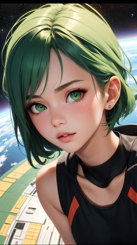 (ultra realistic, best quality, masterpiece)  perfect face, green hair, 18 years old girl, medium tits, astrounat in space