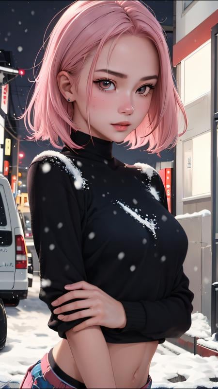 (ultra realistic, best quality, masterpiece)  perfect face, pink hair, 18 years old girl, medium tits, tokyo night, snowing,